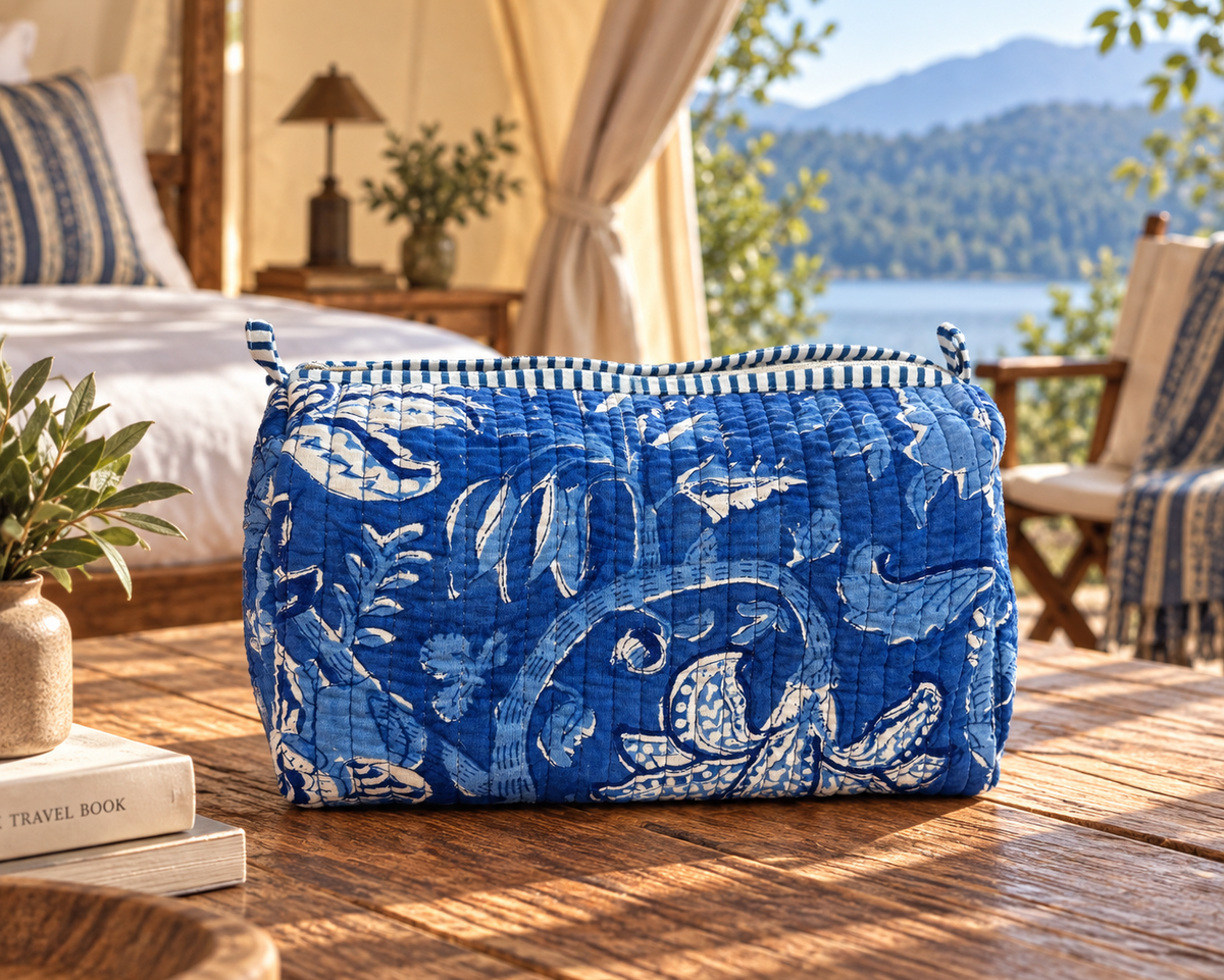 Set of Three Indigo Hand-block Printed Travel Bags
