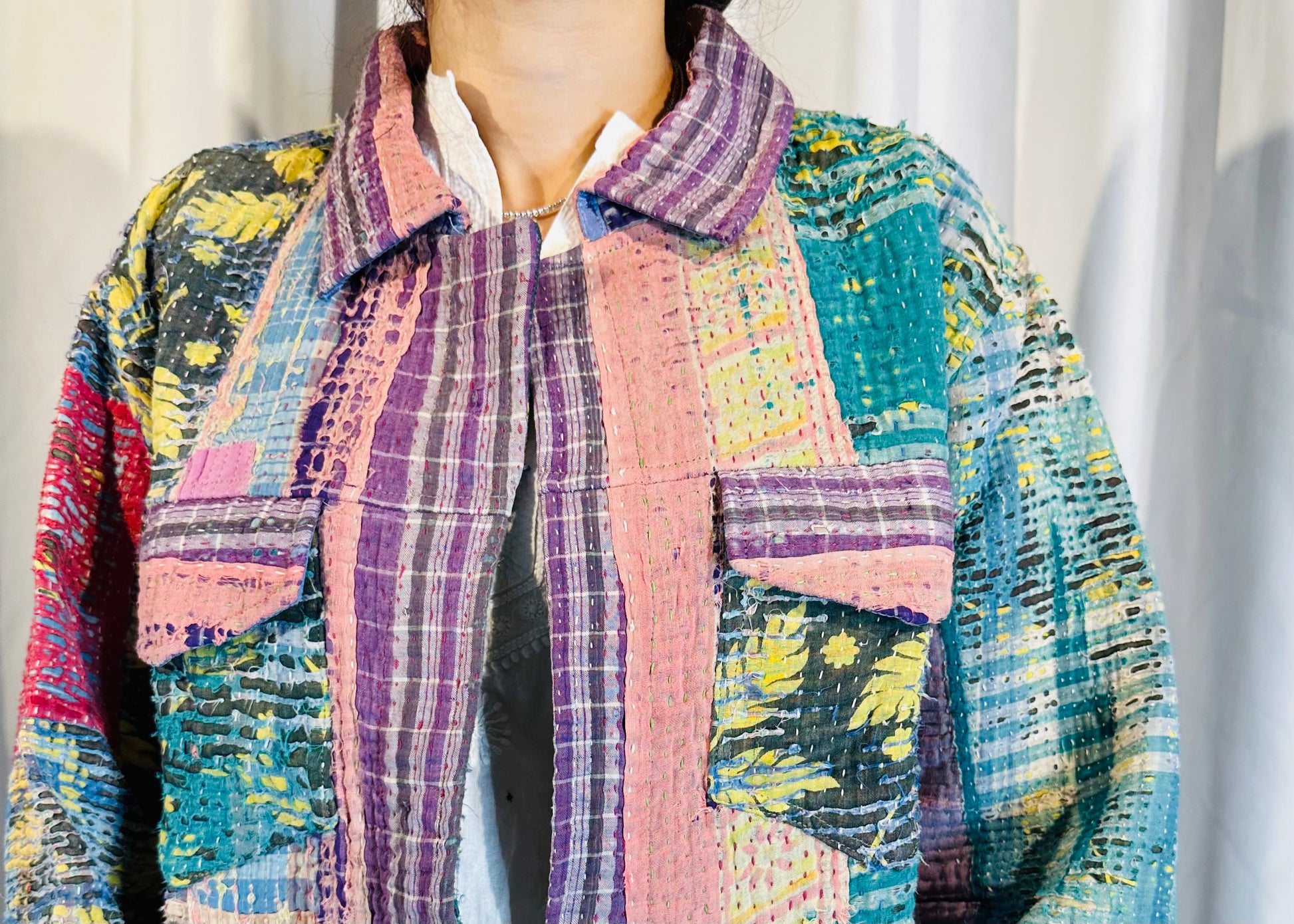 Sustainably Crafted Unique Quilted Trucker Jacket in Green, Pink and Purple  from Recycled Saris