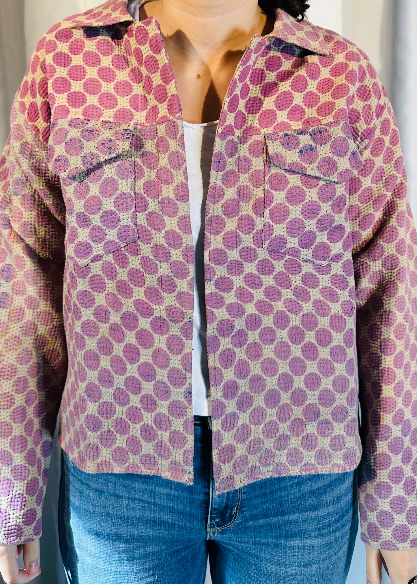 Sustainably Crafted Unique Quilted Trucker Jacket with Purple Polka Dots on Cream from Recycled Saris - DharBazaar