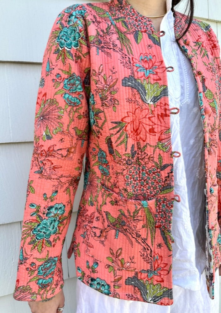Kantha Quilted Jacket in Pink I Womens Jacket I Cotton Jacket I Quilted Jacket - DharBazaar