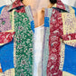 Sustainably Crafted Unique Quilted Trucker Jacket in Red, Blue and Green from Recycled Saris - DharBazaar