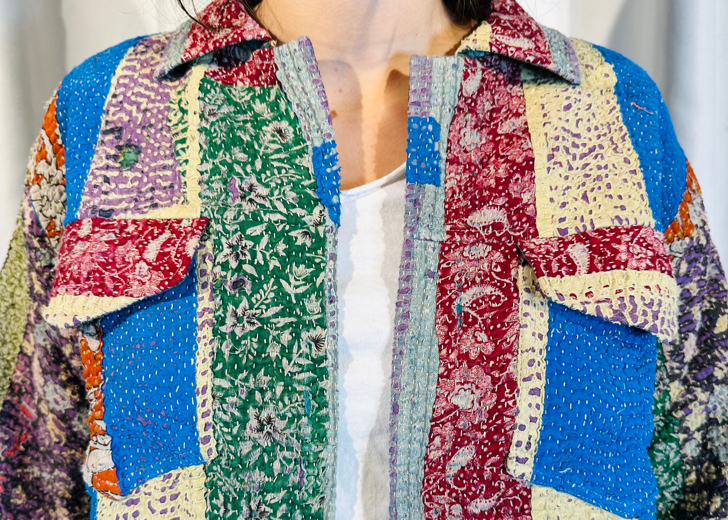 Sustainably Crafted Unique Quilted Trucker Jacket in Red, Blue and Green from Recycled Saris - DharBazaar