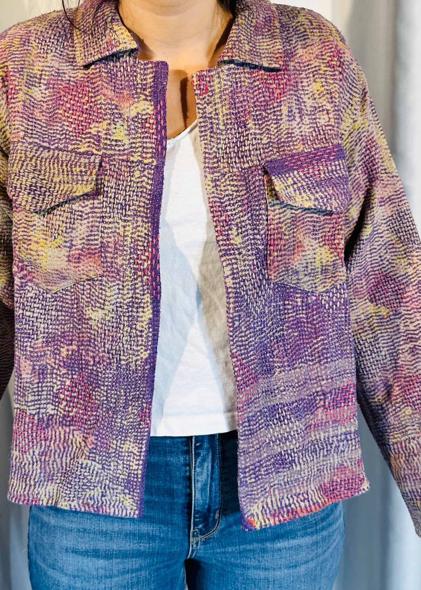 Sustainably Crafted Unique Quilted Trucker Jacket in Purple from Recycled Saris - DharBazaar