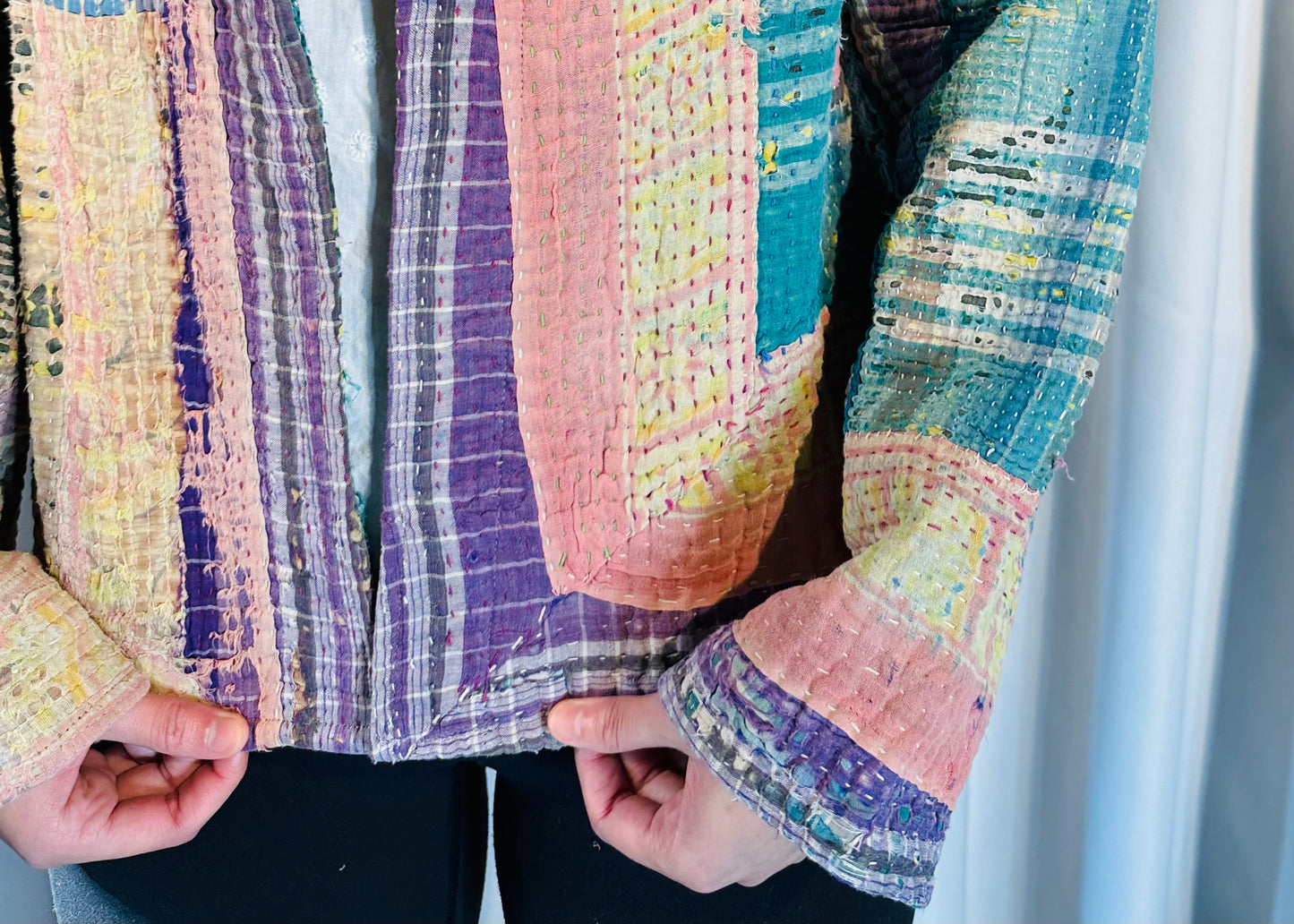 Sustainably Crafted Unique Quilted Trucker Jacket in Green, Pink and Purple from Recycled Saris - DharBazaar