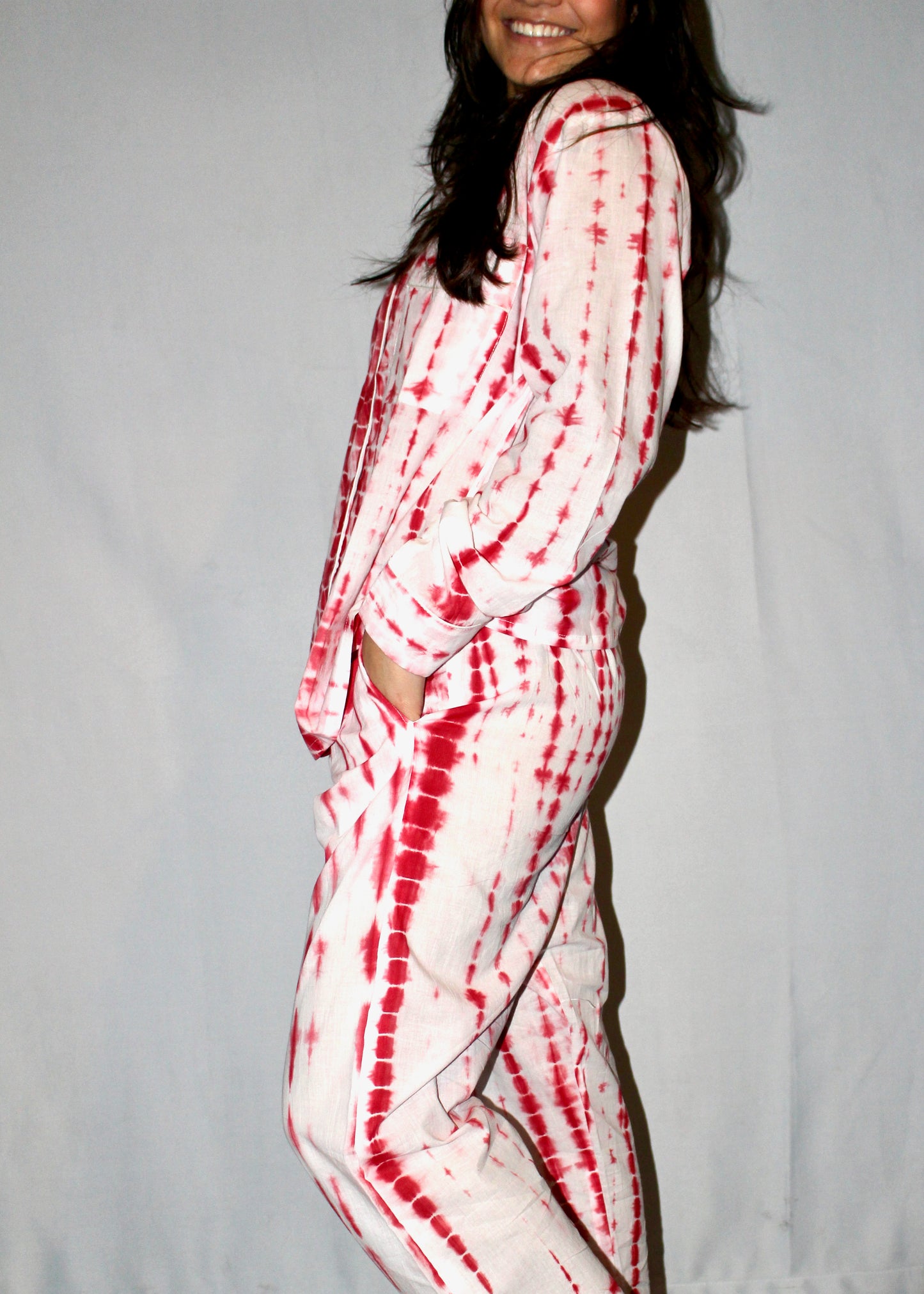 Shibori Tie-Dye Cotton Pajamas in Red and White I Cotton Pajamas I Bachelorette Pajamas I Mothers Day Gift - DharBazaar