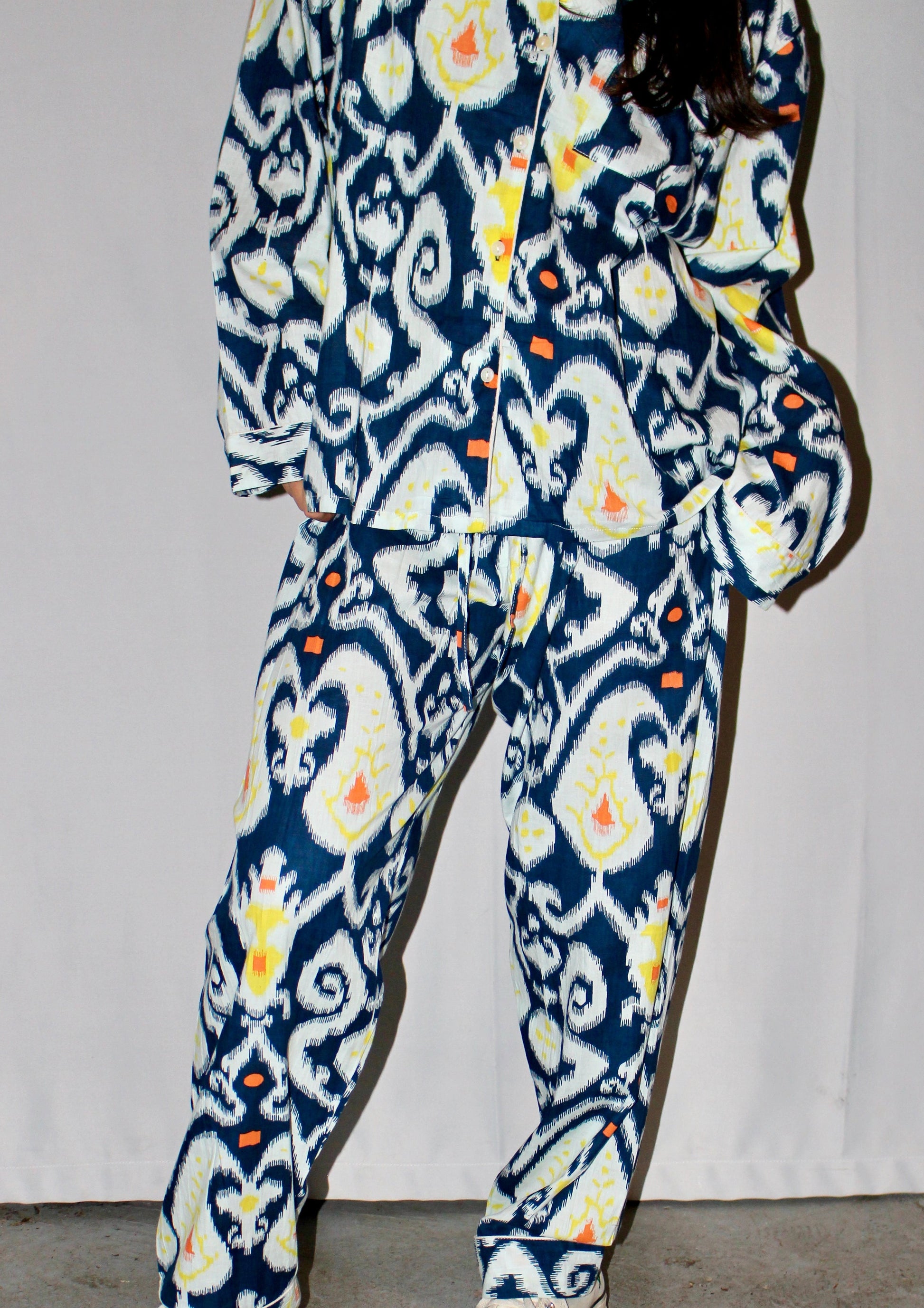 Blue Ikat Cotton Pajamas I PJ Gift I Bachelorette PJs I Pajama Sets I Womens Pajamas - DharBazaar