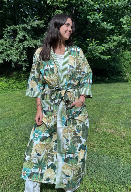 Hand-Block Print Robe | Emerald Jungle