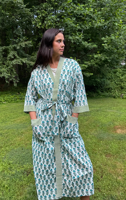 Hand-Block Print Robe | Green Genda