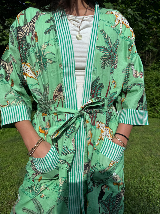 Hand-Block Print Robe | Mint Leopard