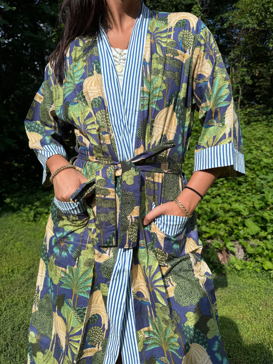 Hand-Block Print Robe | Midnight Jungle