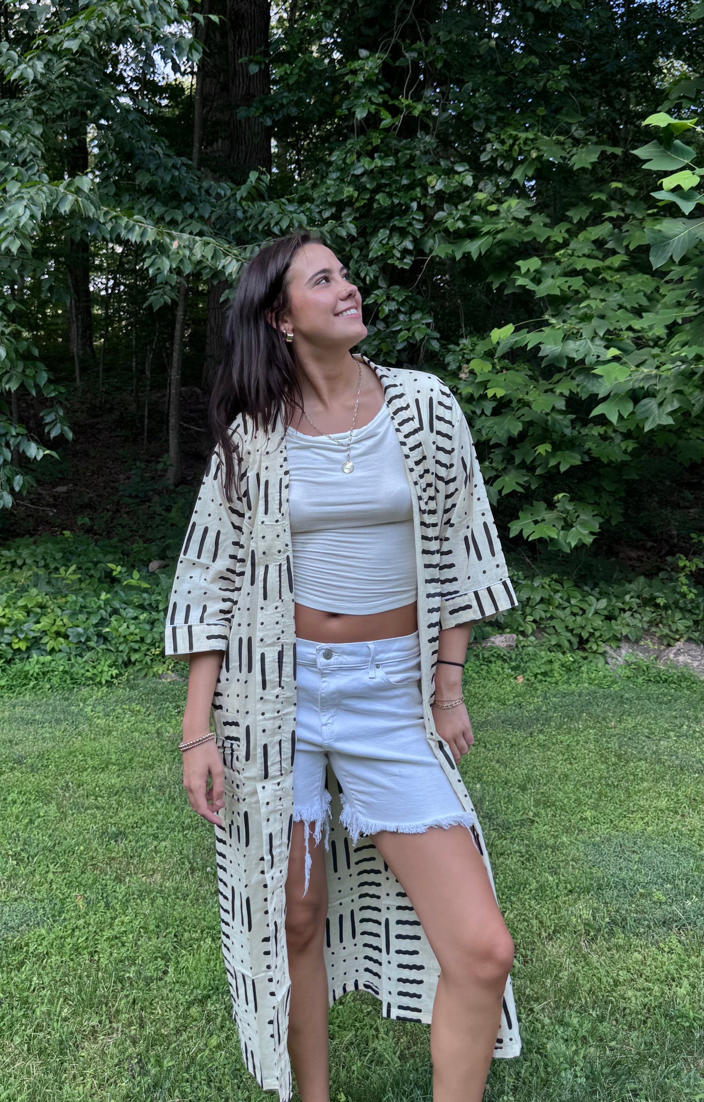 Hand-Block Print Robe | Midnight Brush (Cream)