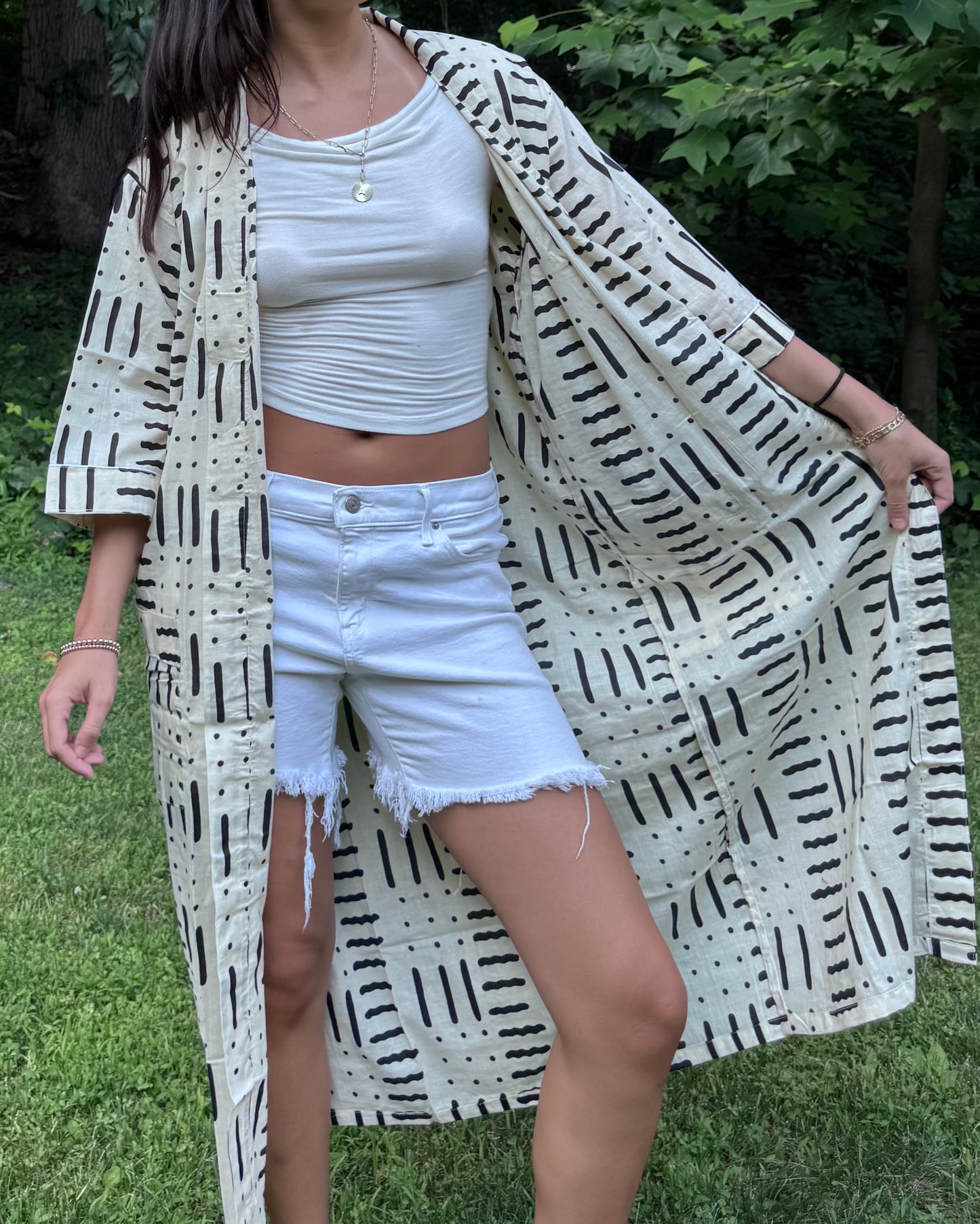 Hand-Block Print Robe | Midnight Brush (Cream)