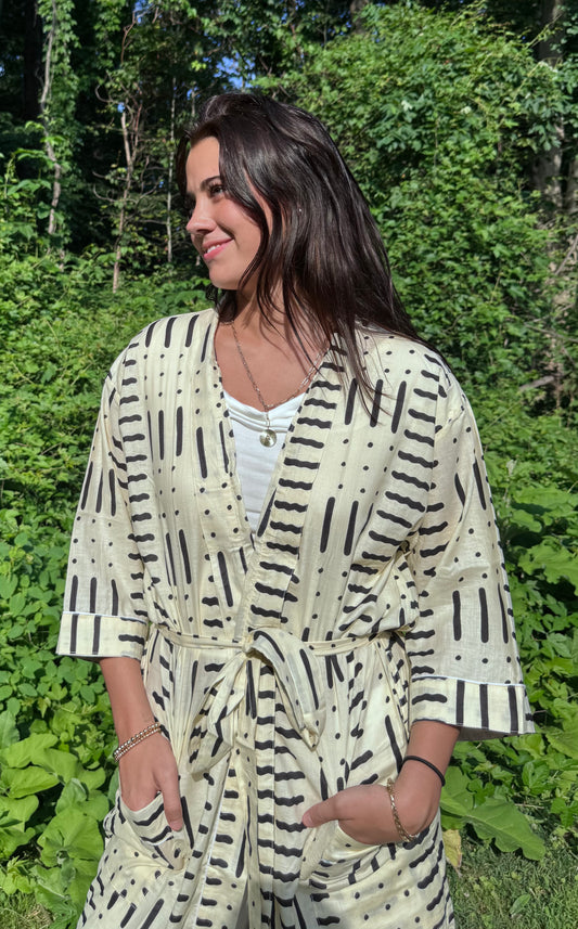 Hand-Block Print Robe | Midnight Brush (Cream)