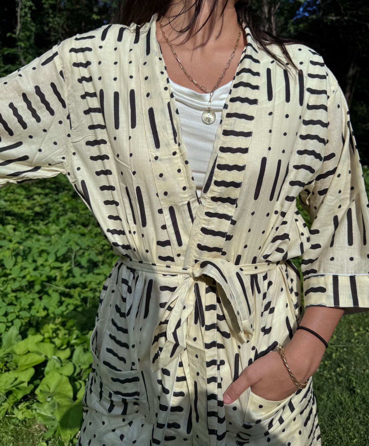 Hand-Block Print Robe | Midnight Brush (Cream)