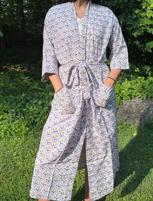 Hand-Block Print Robe | Lavender Fields
