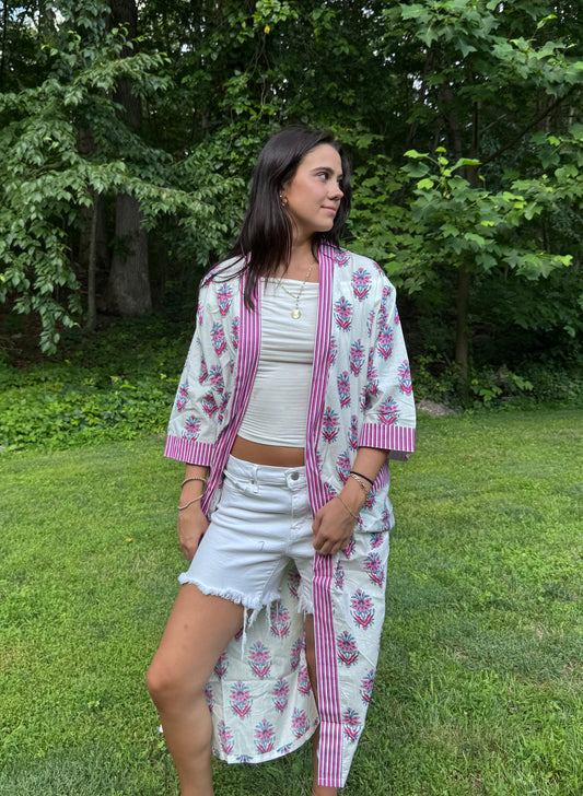 Hand-Block Print Robe | Pink Genda
