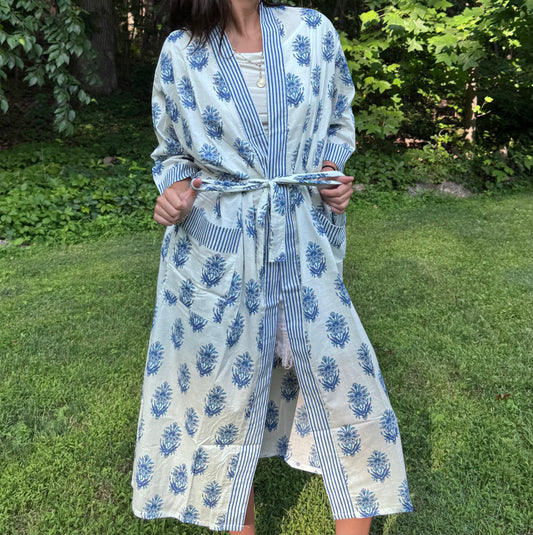 Hand-Block Print Robe | Blue Genda
