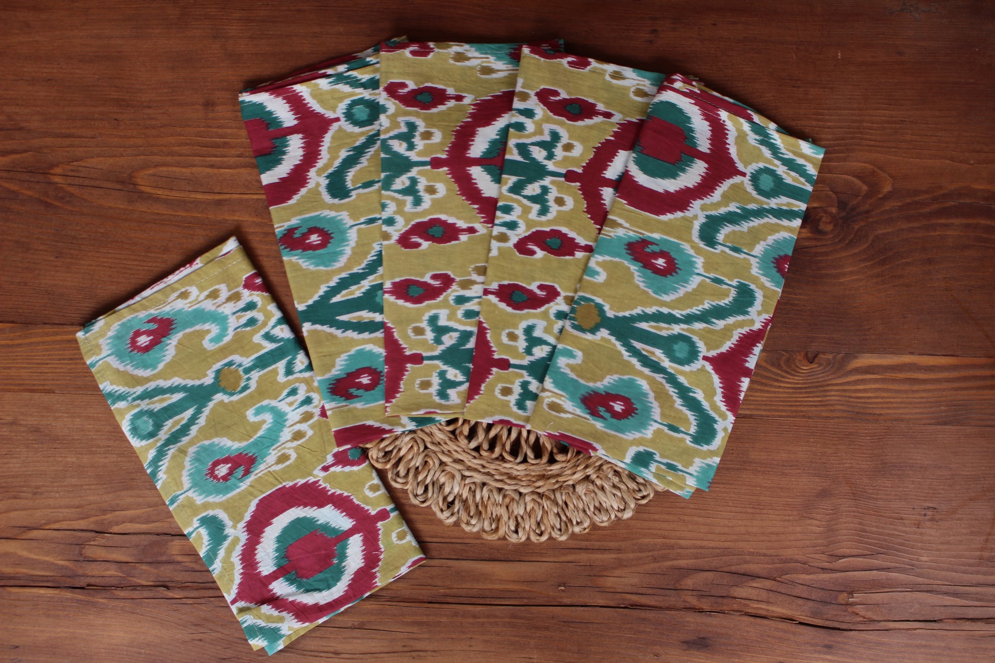 New! | Multi-Color Ikat Dinner Napkins | Set of Six Napkins | Hand Block Printed Napkins | 100% Cotton Napkins | Fine Dining Napkins - DharBazaar