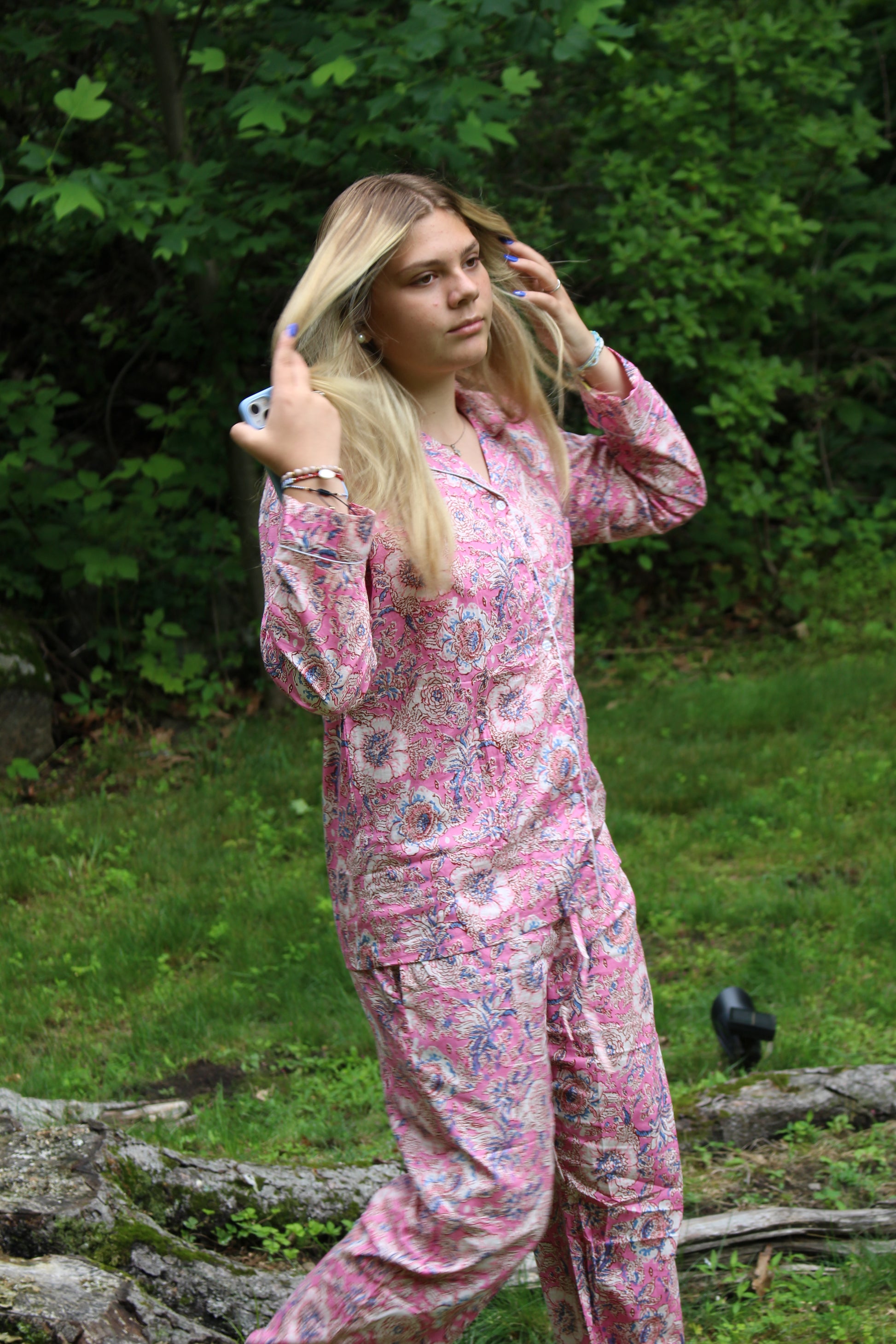 Chinoiserie Pajamas | Floral Pajamas in Umi Pink and Baby Blue - DharBazaar