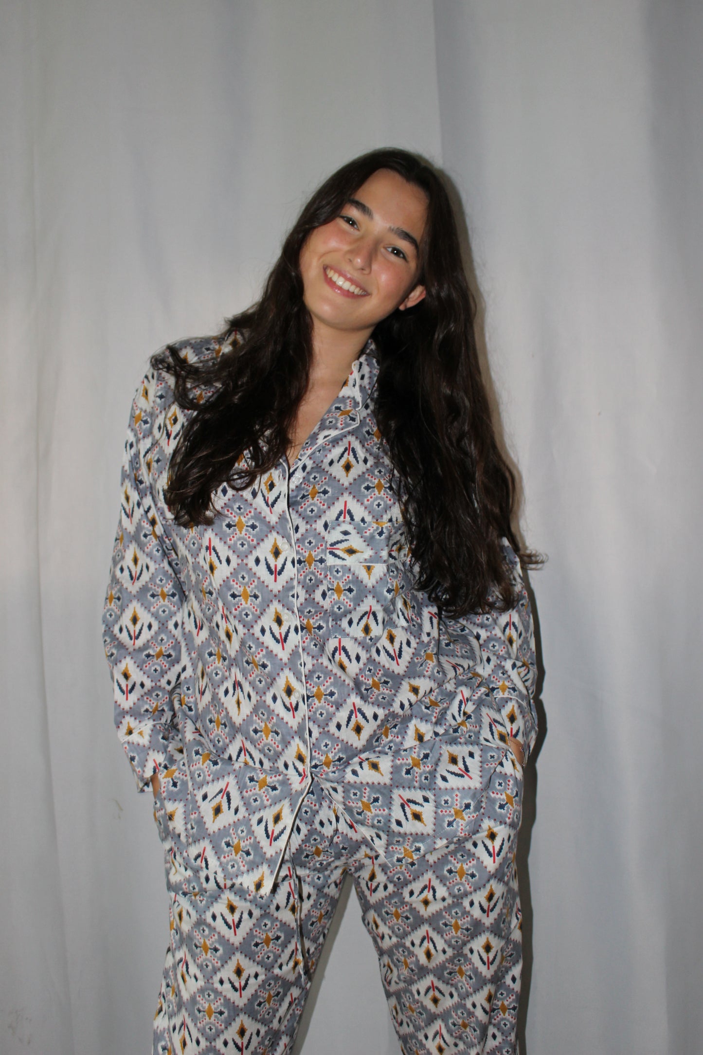 Gray Geometrical Ikat Cotton Pajamas - DharBazaar