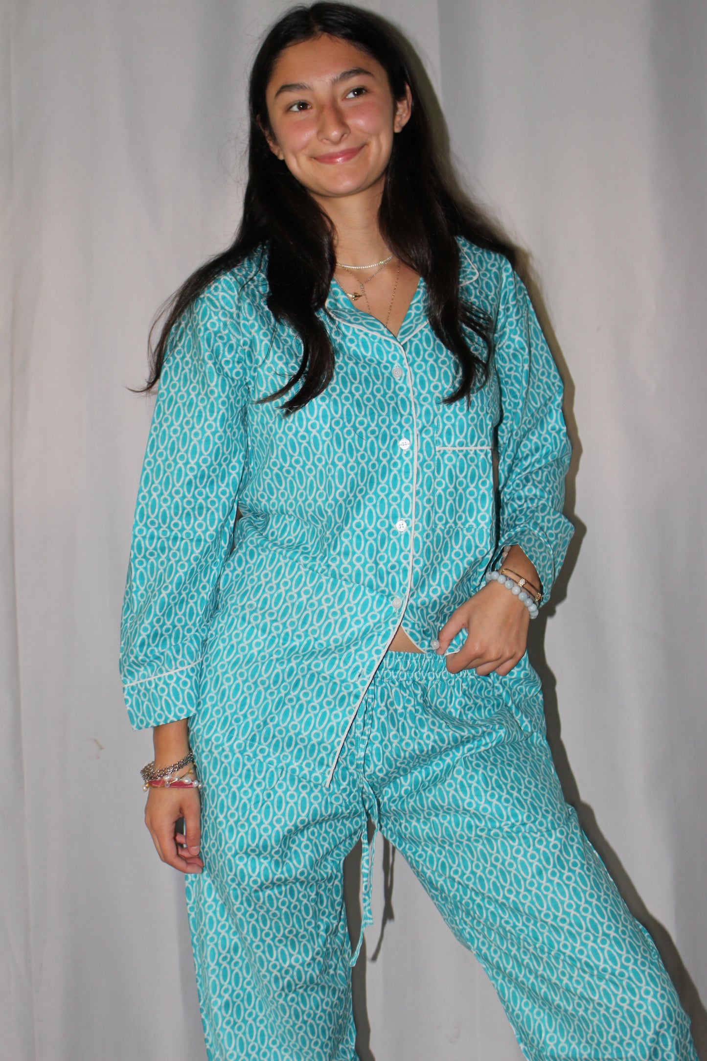 Turquoise Pajamas with White Mughal Oval Pattern - DharBazaar