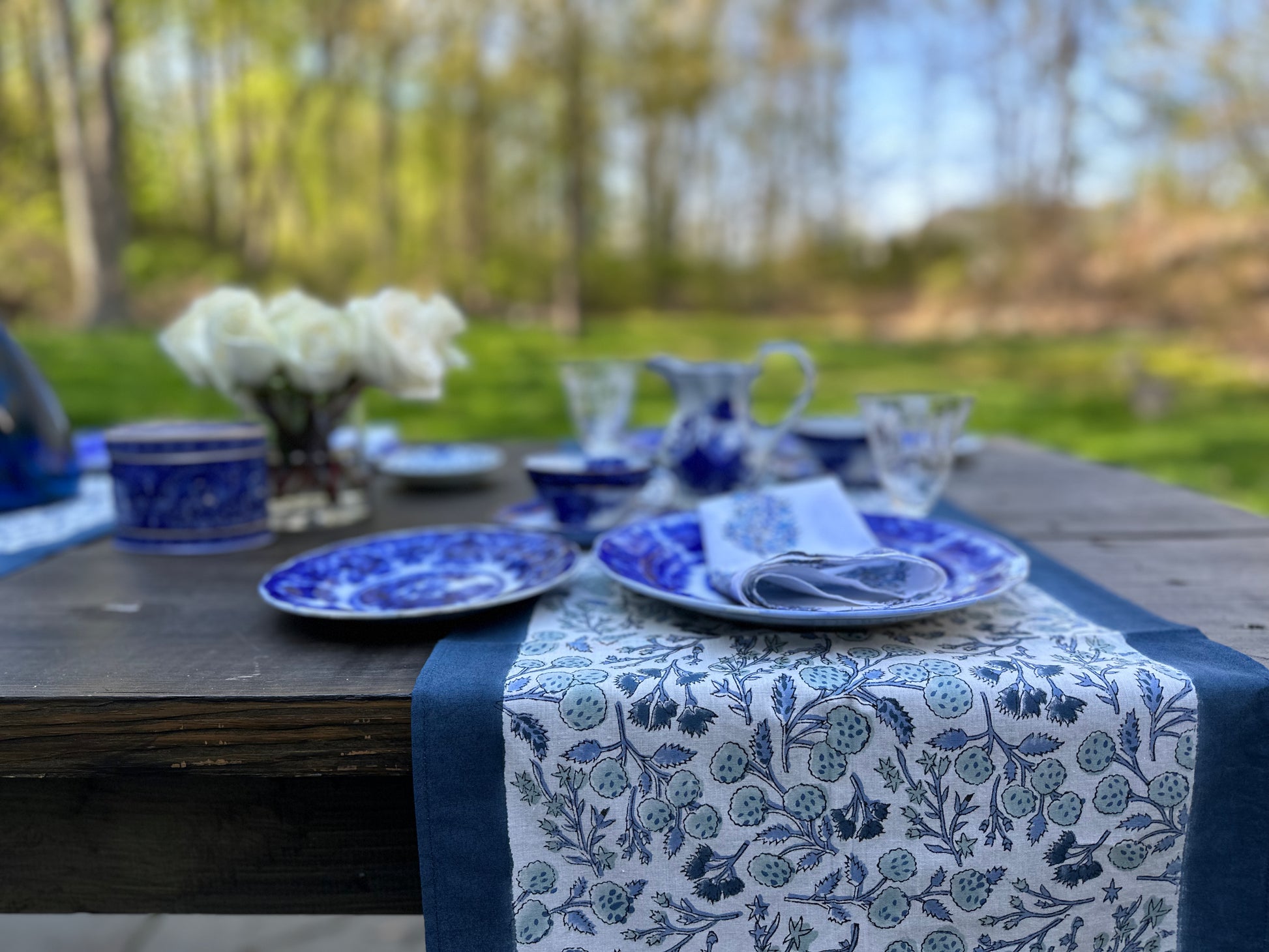 Made-to-Order I Blue Chinoiserie Hand-block Print Table Cloth I Wedding Table Cloth I Cotton Table Cloth - DharBazaar