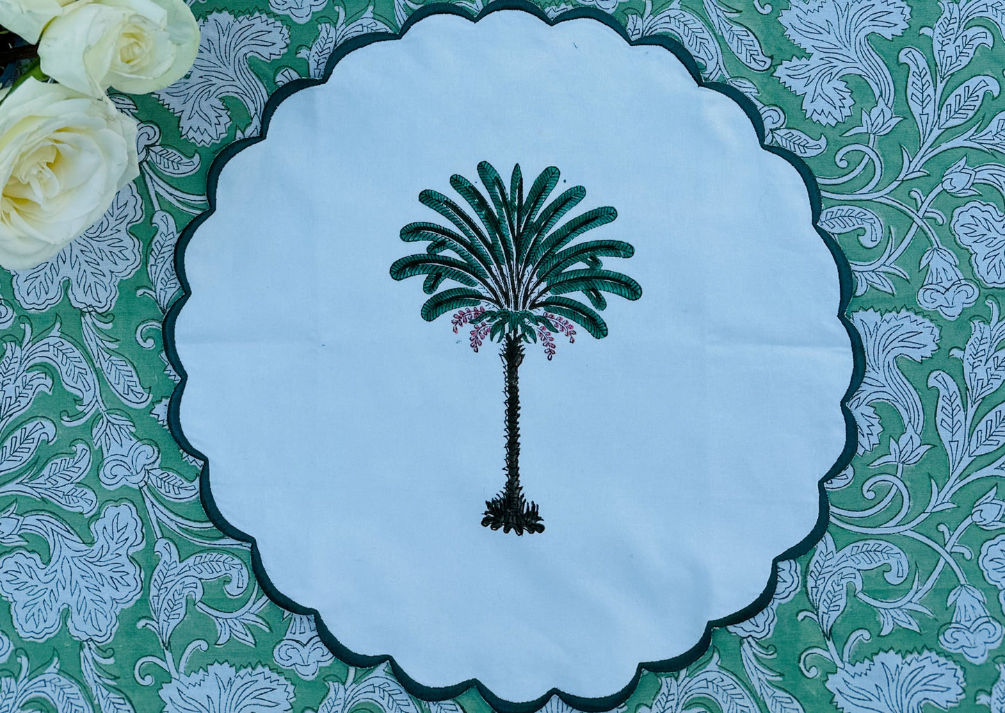 Round Scalloped Edge Embroidered Placemat I Table Mats I Cotton Placemat I Table Linen I Tablecloth - DharBazaar