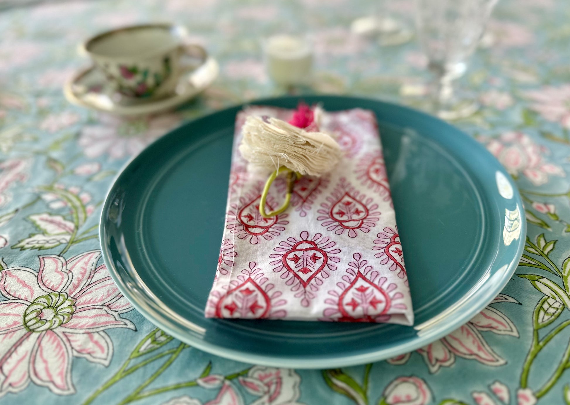 Made-to-Order Pink and Green Block Print Table Cloth, Table Linen, Wedding Table Cloth - DharBazaar