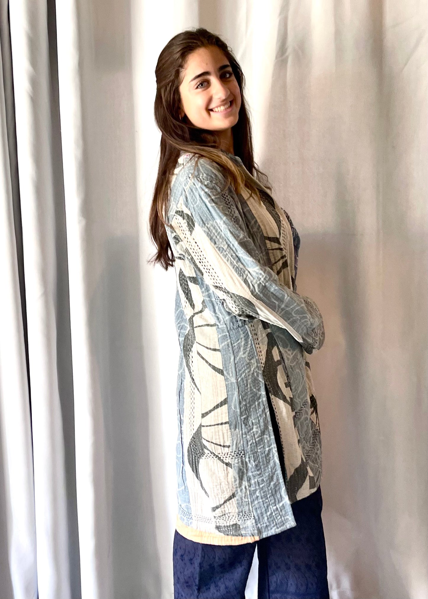 Blue and Grey Longline Kantha Quilted Jacket | Recycled Saris | Sustainable Fashion | Quilted Jacket | Kantha Embroidery | Handcrafted - DharBazaar