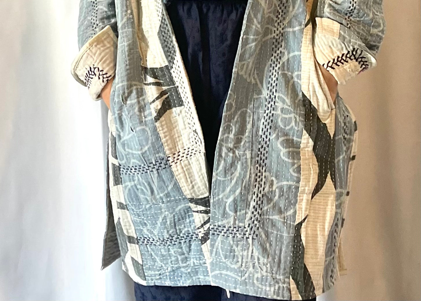 Blue and Grey Longline Kantha Quilted Jacket | Recycled Saris | Sustainable Fashion | Quilted Jacket | Kantha Embroidery | Handcrafted - DharBazaar