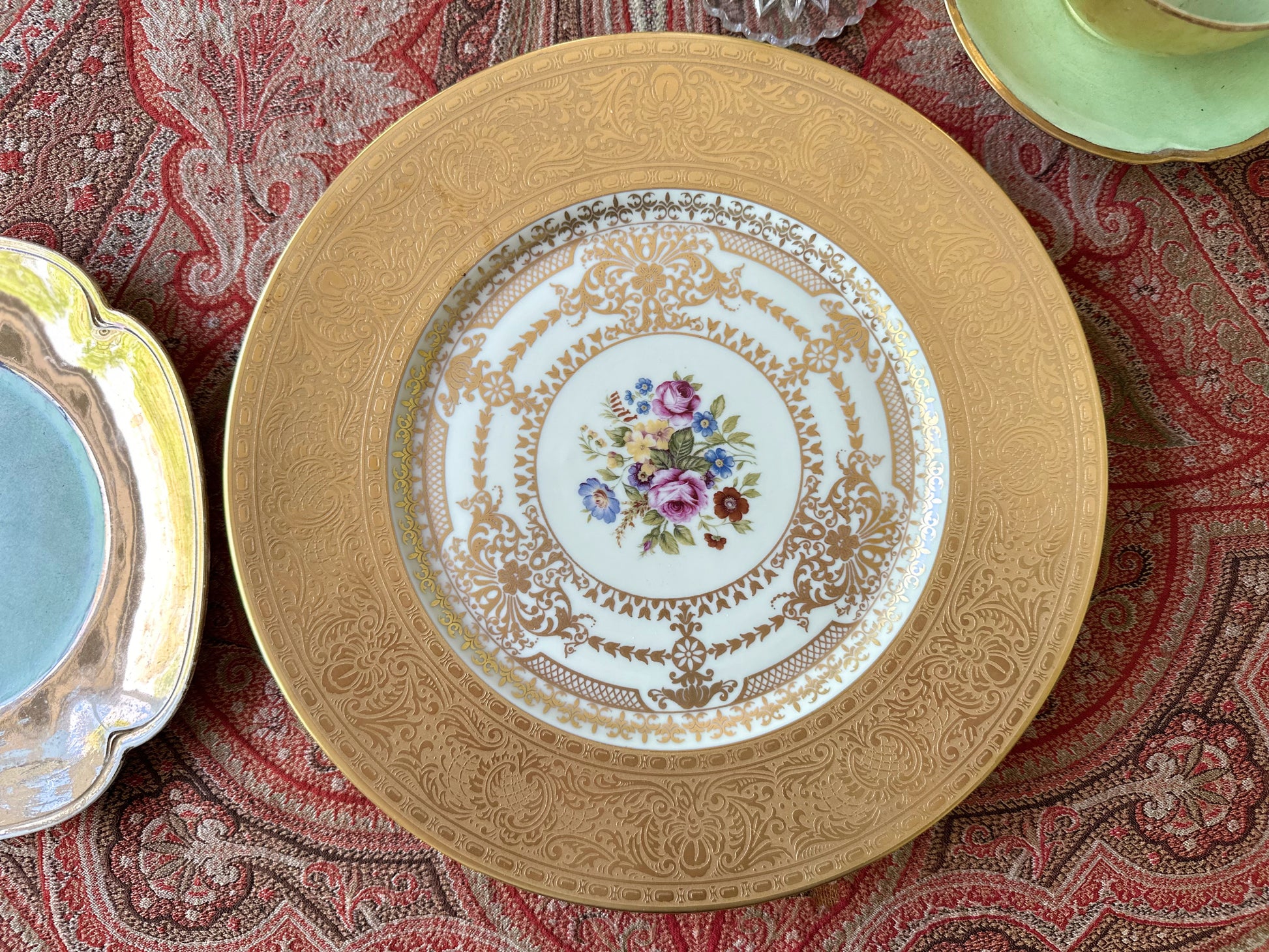 Set of 7 Rare and Coveted Vintage Art Deco Gold Encrusted Dinner Plates from Czechoslovakia - DharBazaar