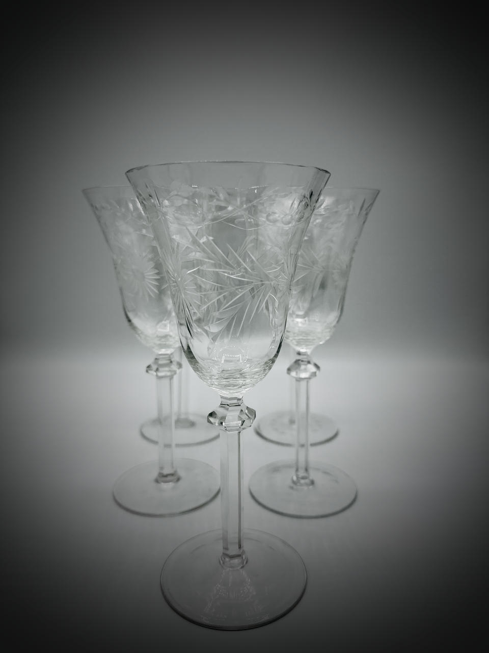 Set of Six Vintage Elegant Wine Glasses with Etched Floral Motif