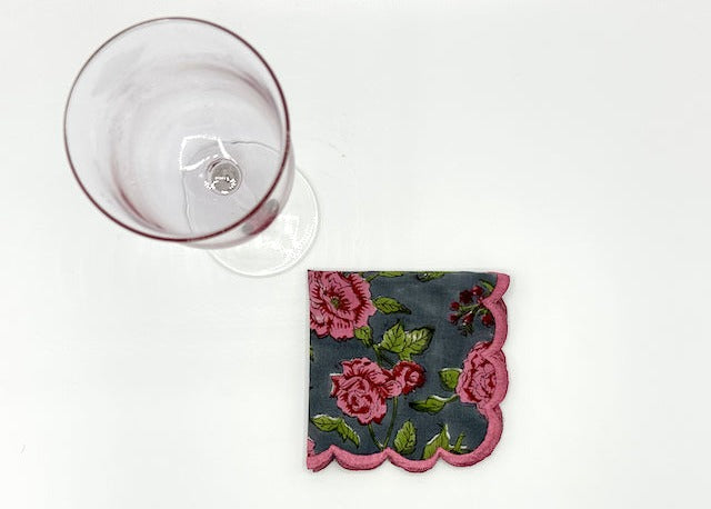Set of 4 Cocktail Napkins with Green and Pink Chinoiserie Hand-block Print and Scalloped Edge Embroidery |  Cotton Napkins | Wedding Napkins - DharBazaar