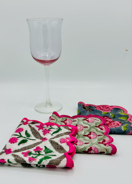 Set of 4 Cocktail Napkins with a Pink and Green Hand-block Print and Scalloped Edge Embroidery |  Cotton Napkins | Wedding Napkins - DharBazaar