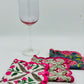 Set of 4 Cocktail Napkins with a Green and Pink Traditional Hand-block Print Design and Scalloped Edge Embroidery |  Cotton Napkins | Wedding Napkins - DharBazaar