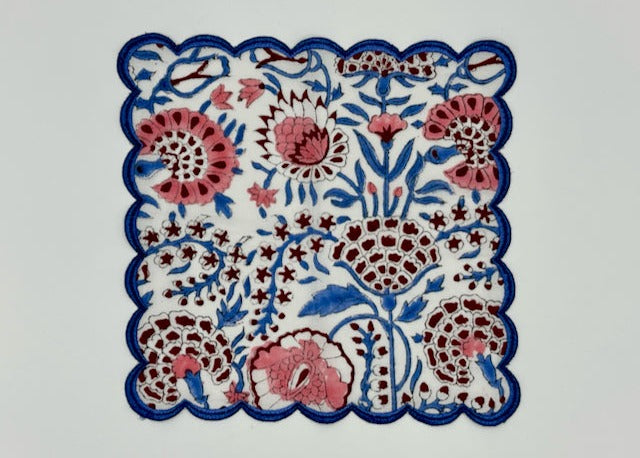 Set of 4 Cocktail Napkins with a Blue and Pink Traditional Hand-block Print Design and Scalloped Edge Embroidery |  Cotton Napkins | Wedding Napkins - DharBazaar