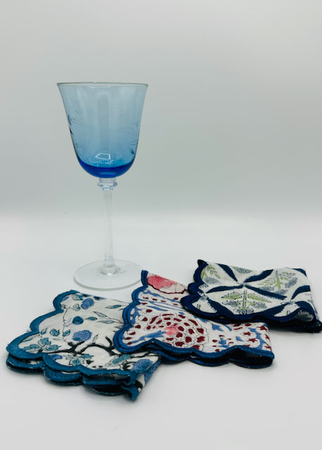 Set of 4 Cocktail Napkins with a Blue Chinoiserie Hand-block Print and Scalloped Edge Embroidery |  Cotton Napkins | Wedding Napkins - DharBazaar