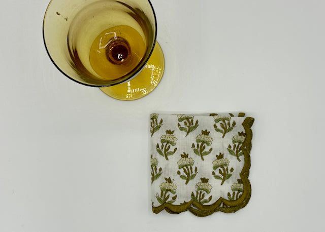 Set of 4 Cocktail Napkins with a Green and Brown Traditional Hand-block Print Design and Scalloped Edge Embroidery |  Cotton Napkins | Wedding Napkins - DharBazaar