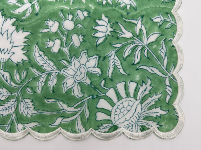 Set of 4 Cocktail Napkins with Green and White Hand-block Print and Scalloped Edge Embroidery |  Cotton Napkins | Wedding Napkins - DharBazaar