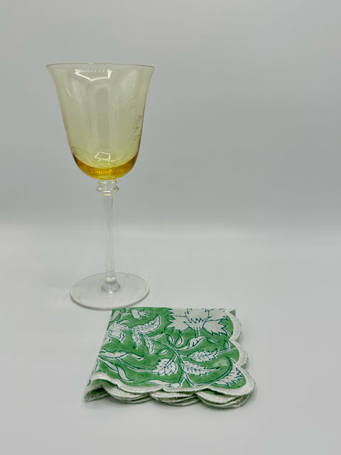 Set of 4 Cocktail Napkins with Green and White Hand-block Print and Scalloped Edge Embroidery |  Cotton Napkins | Wedding Napkins - DharBazaar