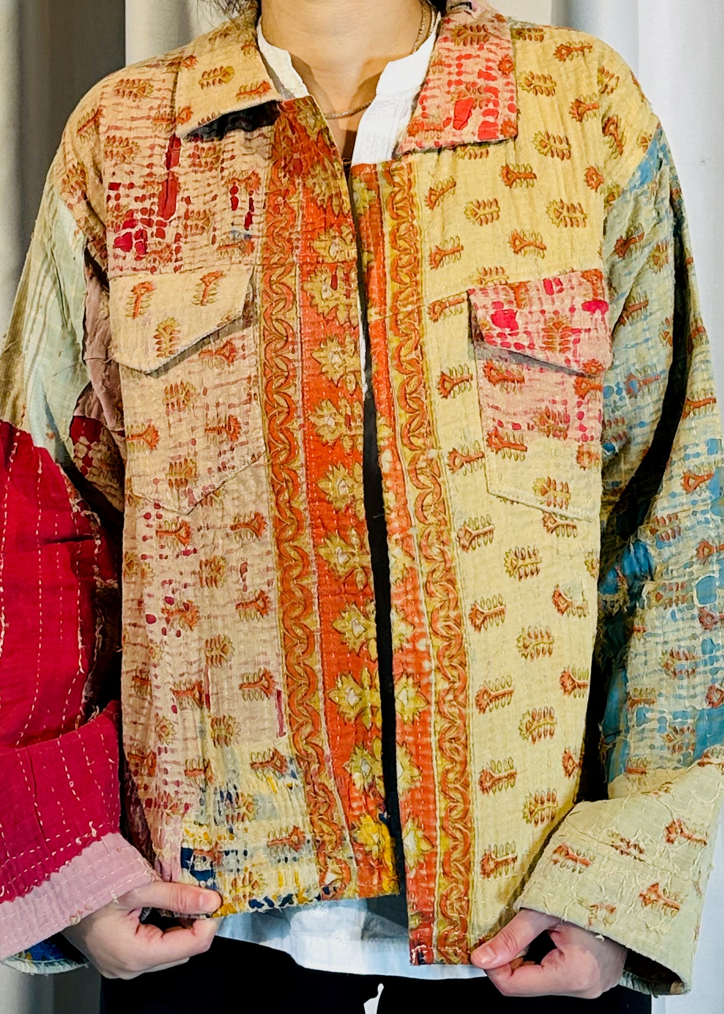 Sustainably Crafted Unique Quilted Trucker Jacket in Vibrant Orange and Red from Recycled Saris - DharBazaar