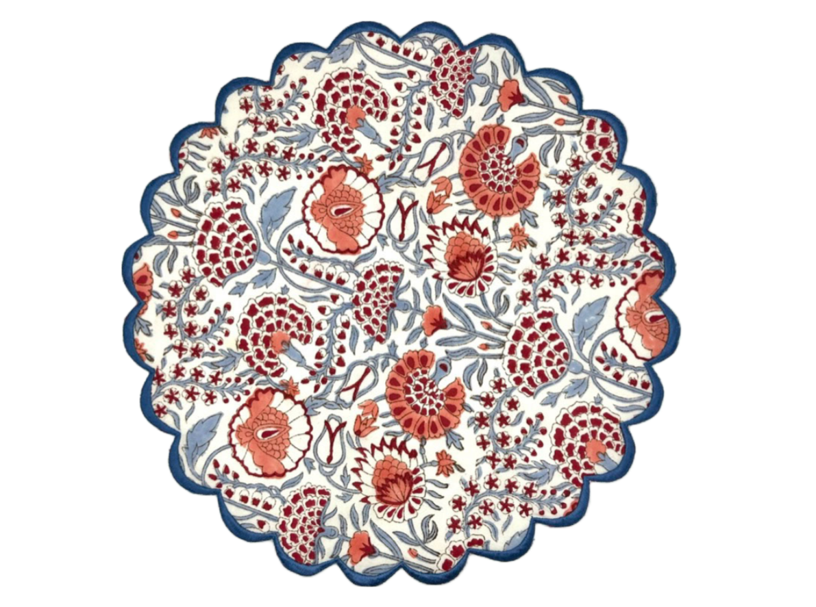Red & Blue Round Scalloped Edge Embroidered Placemat I Table Mats I Cotton Placemat I Table Linen I Tablecloth - DharBazaar