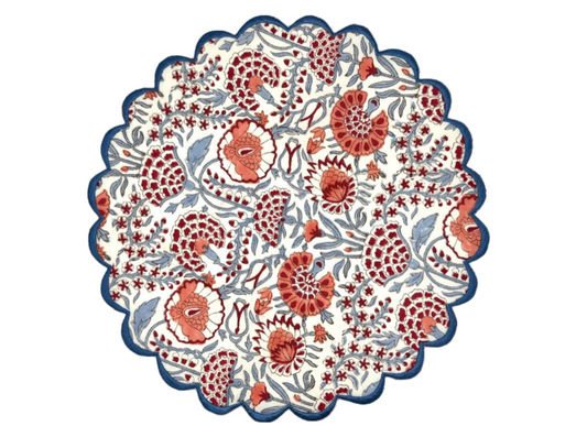 Red & Blue Round Scalloped Edge Embroidered Placemat I Table Mats I Cotton Placemat I Table Linen I Tablecloth - DharBazaar