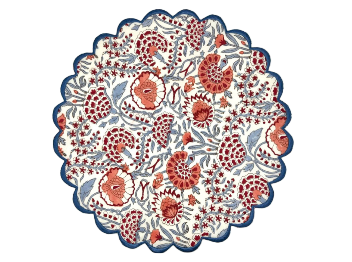 Set of 4 I Red & Blue Round Scalloped Edge Embroidered Placemat I Table