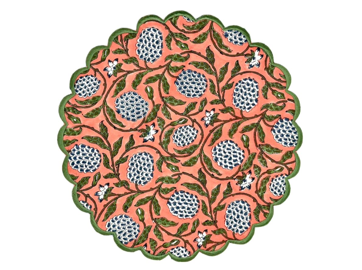 Orange & Green Round Scalloped Edge Embroidered Placemat I Table Mats I Cotton Placemat I Table Linen I Tablecloth - DharBazaar