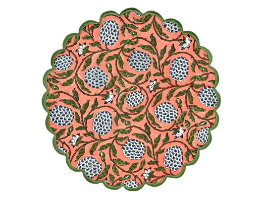 Orange & Green Round Scalloped Edge Embroidered Placemat I Table Mats I Cotton Placemat I Table Linen I Tablecloth - DharBazaar