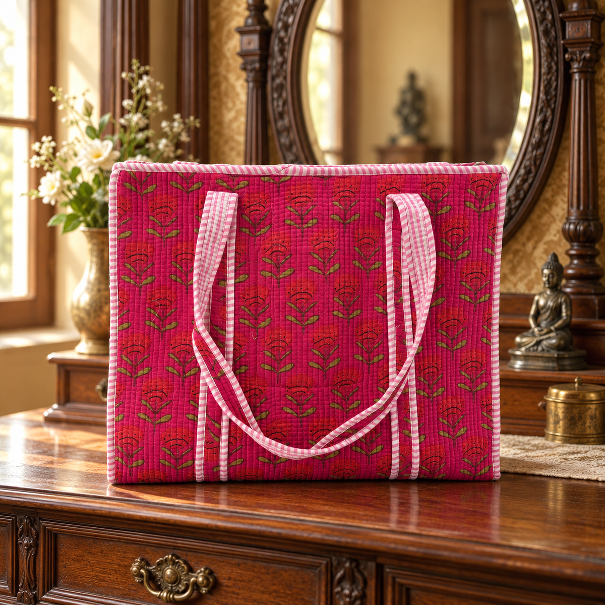 Pink Floral Quilted Tote Bag with Striped Handles