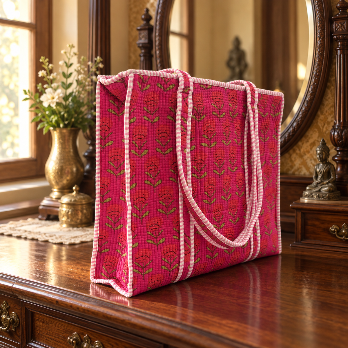 Pink Floral Quilted Tote Bag with Striped Handles