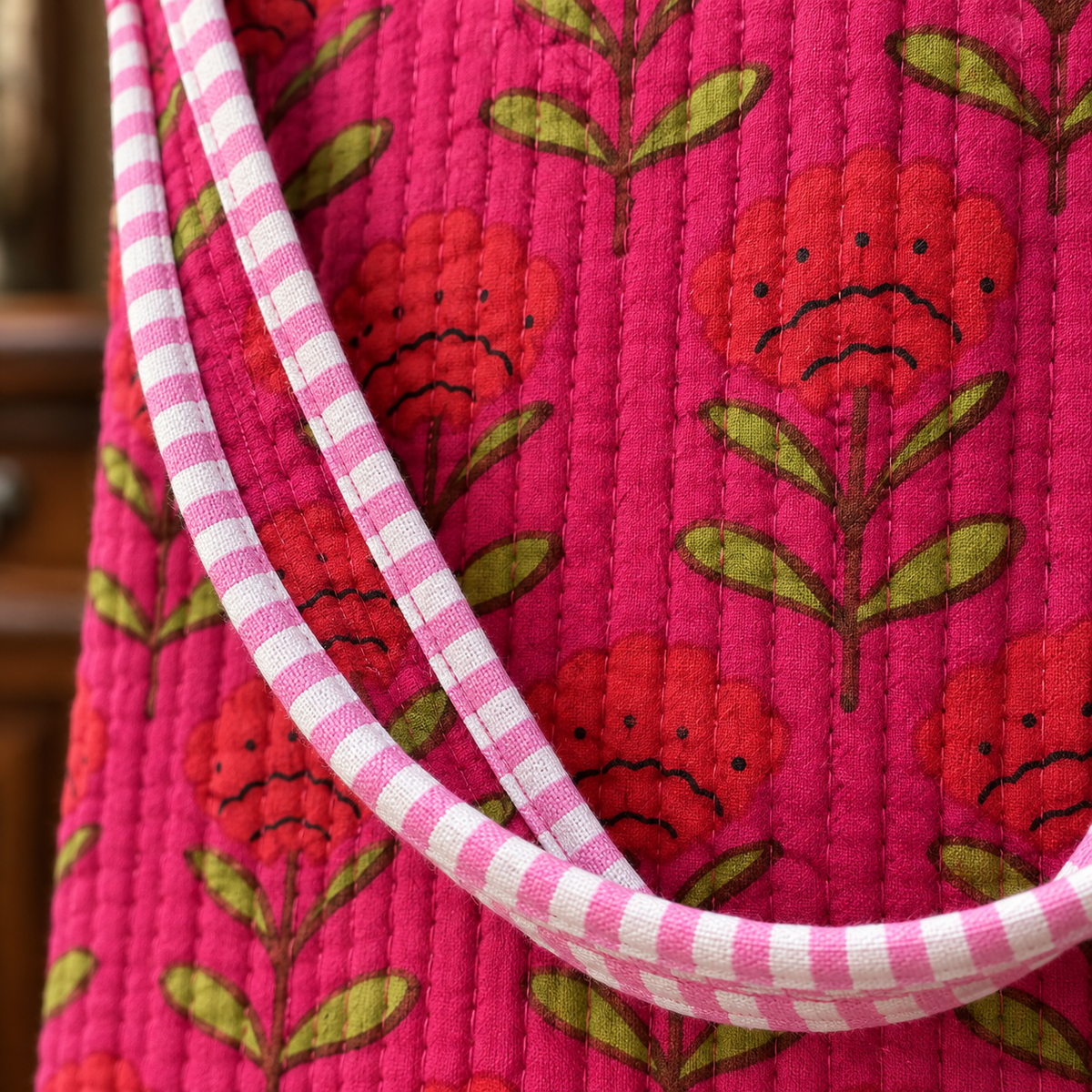 Pink Floral Quilted Tote Bag with Striped Handles