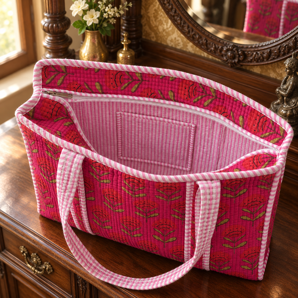 Pink Floral Quilted Tote Bag with Striped Handles